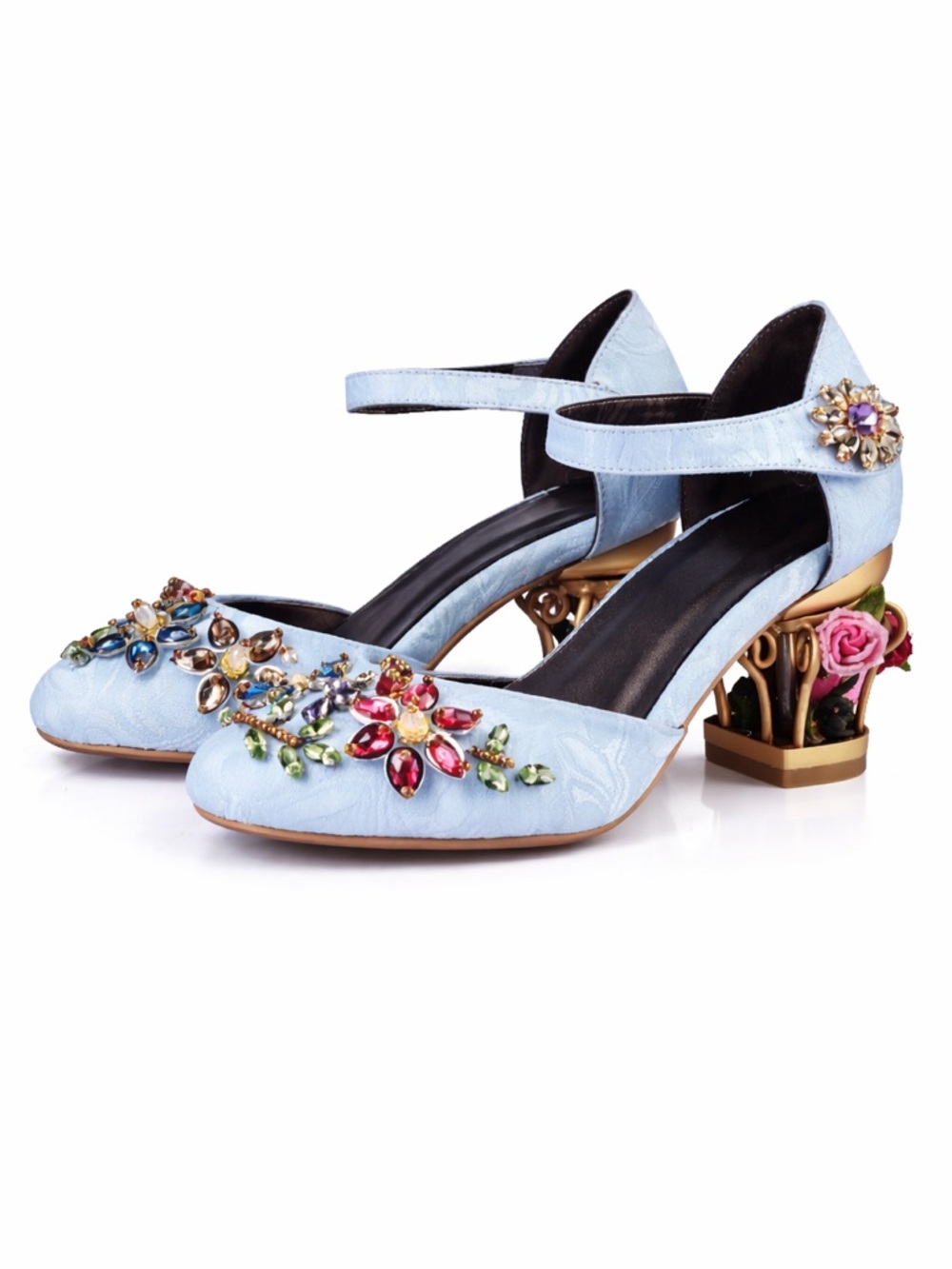 Handmade Blue Brocade Crystal Cage Shoes - Picture 5 of 10